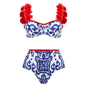 女性ハイウエスト水着青と白の磁器プリント水着セクシーなビキニファッションカバーアップビーチ水着サロン