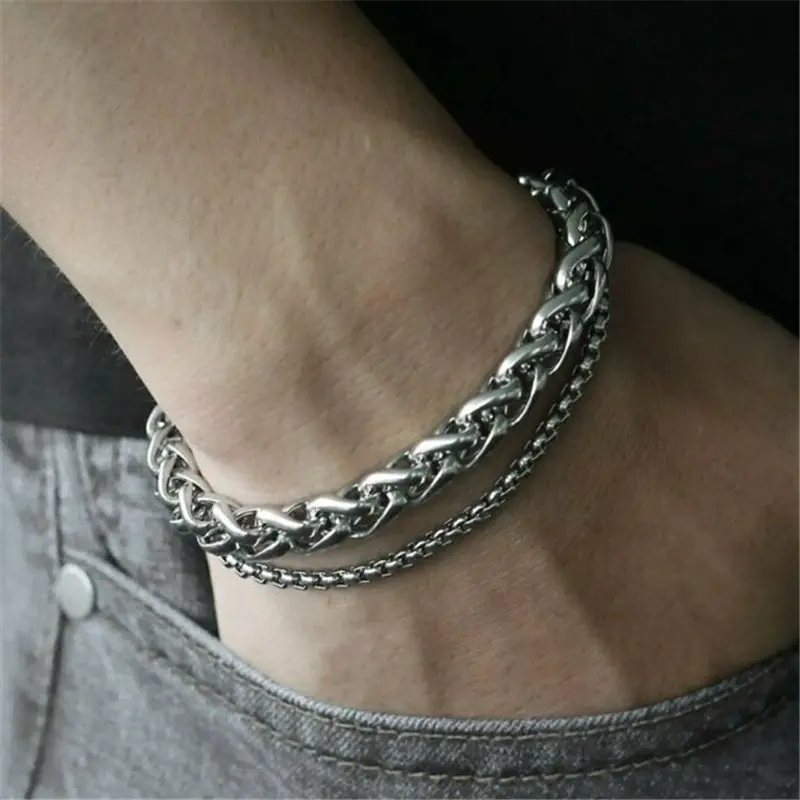 Wholesale Mens Jewelry Polished Retro Punk 8MM Thick Charm Link Chain Men's Braided Titanium Steel Bracelet