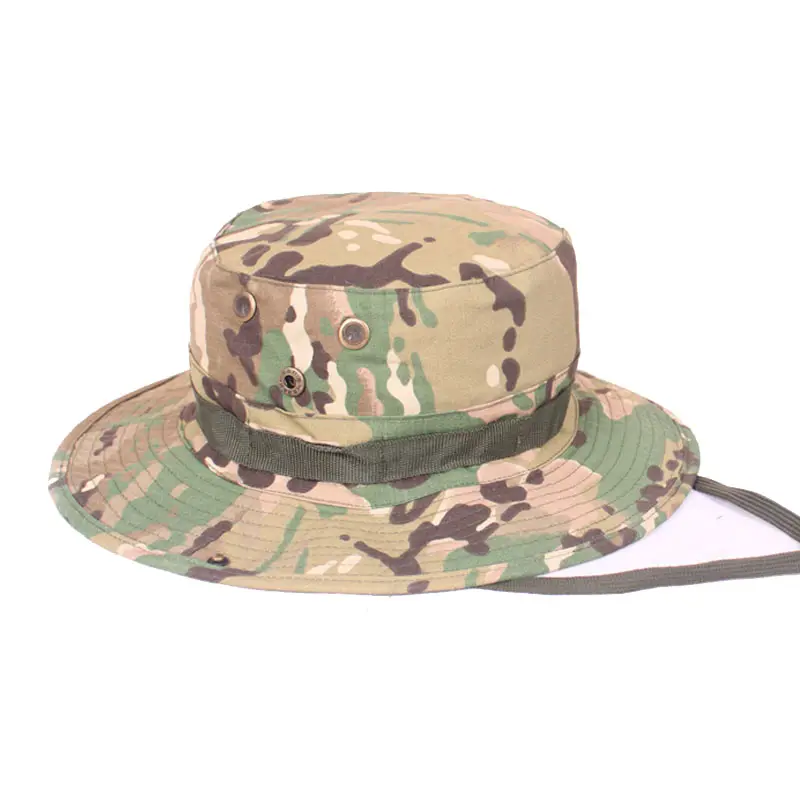 Cappello da caccia promozionale a buon mercato 6 pannelli pianura Wilderness Camouflage Camo Leather stampa personalizzata cotone ricamo metallo Unisex