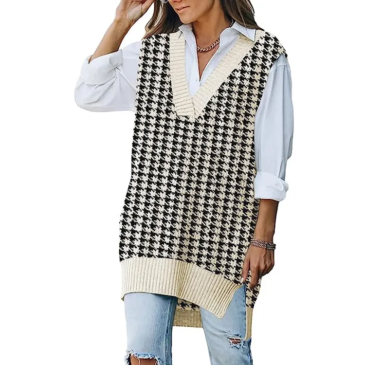 Pull en tricot surdimensionné à col en V pour femmes gilet tunique sans manches fentes latérales et ourlet haut-bas ample long pull en tricot haut