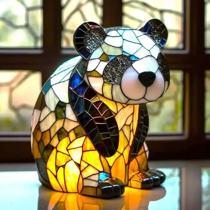 Guansen Decoración Animal Mesa luz Animal Lámpara Serie Vidrieras Noche Amantes de los animales Panda iluminación fiesta decora