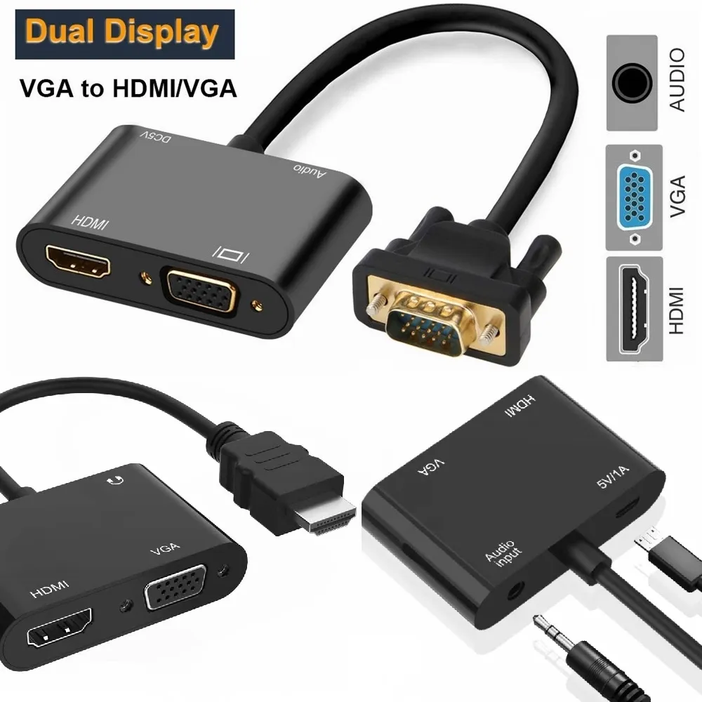 4 em 1 HDMI DVI VGA para HDMI VGA Splitter Com 3.5mm Áudio Dual Display Conversor Adaptador Micro USB Cabo de Alimentação Para PC Projetor