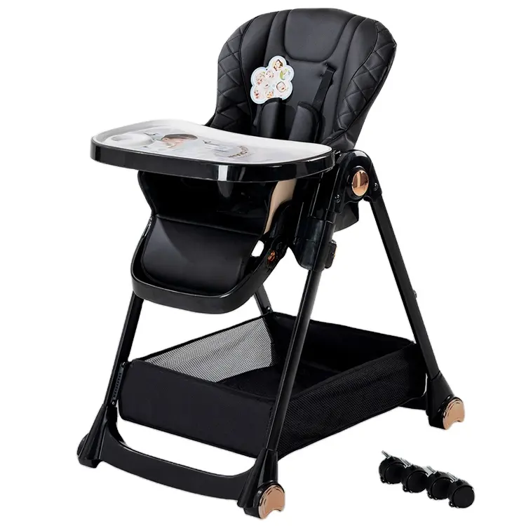 Mesa de alimentación de plástico para niños, silla y silla alta personalizada de acero, ajustable, multifunción, para comer y cenar, 4 ruedas