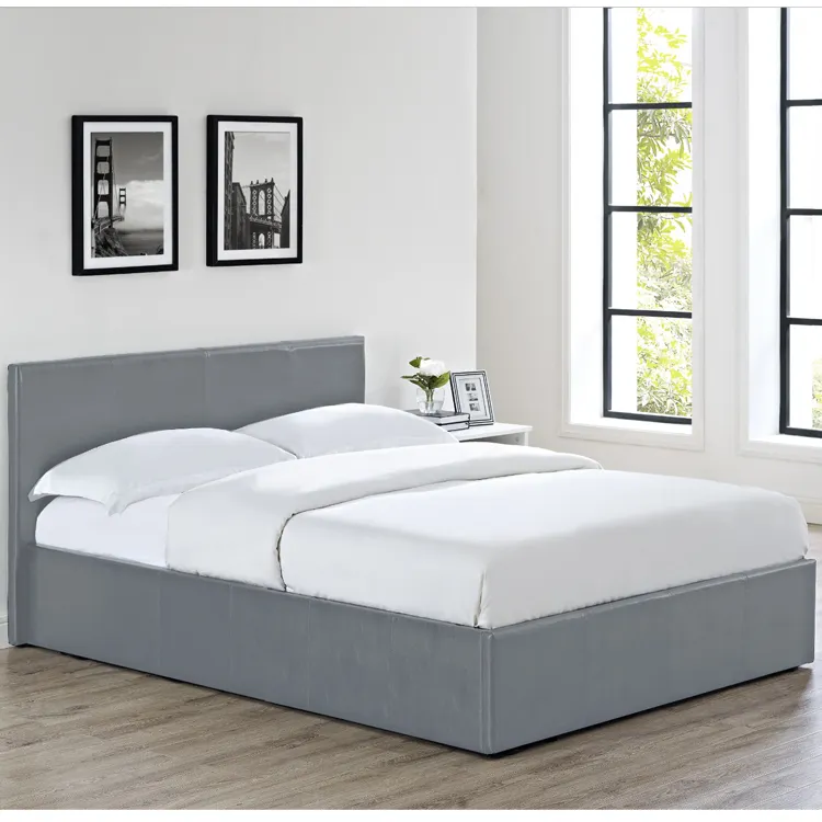Cojín de estilo moderno para almacenamiento, cabecero alto de cuero, tapizado con Marco, cama con almacenamiento, gris, blanco y negro, barato