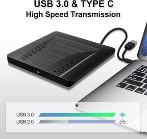 超薄EDD35外置DVD驱动器类型-C + USB3.0光学光盘/DVD-RW刻录机刻录机阅读器播放器，适用于Mac Win11笔记本电脑