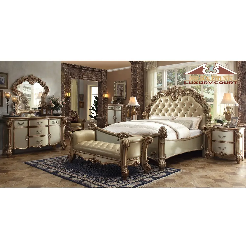 Longhao-cama de madera maciza europea moderna, conjunto de muebles de dormitorio francés tallado a la moda