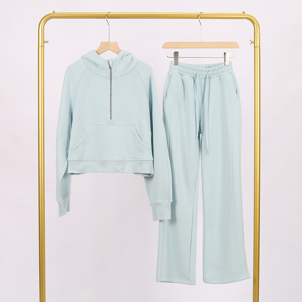 Set di pantaloni da tuta blu polvere con cappuccio e mezza zip