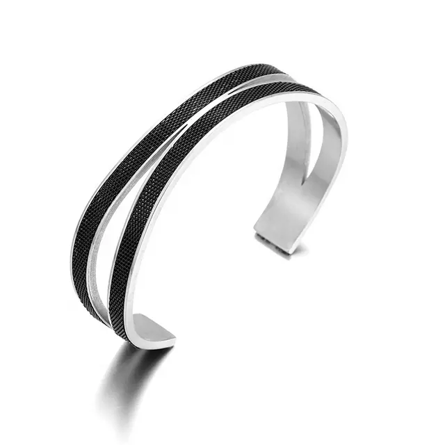 Yiwu Aceon Stainless Steel Cut Out Center Hollow Line Layered Open Cuff Stylish Men's Black Silver Milled Mesh Chain Cuff Bangle