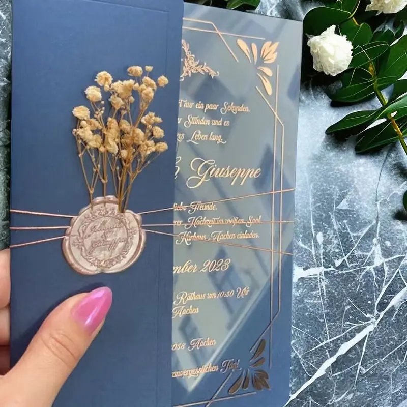 Unique Invites Foil acrílico invitaciones de boda de lujo con elegante sobre azul invitaciones acrílicas en caja de terciopelo