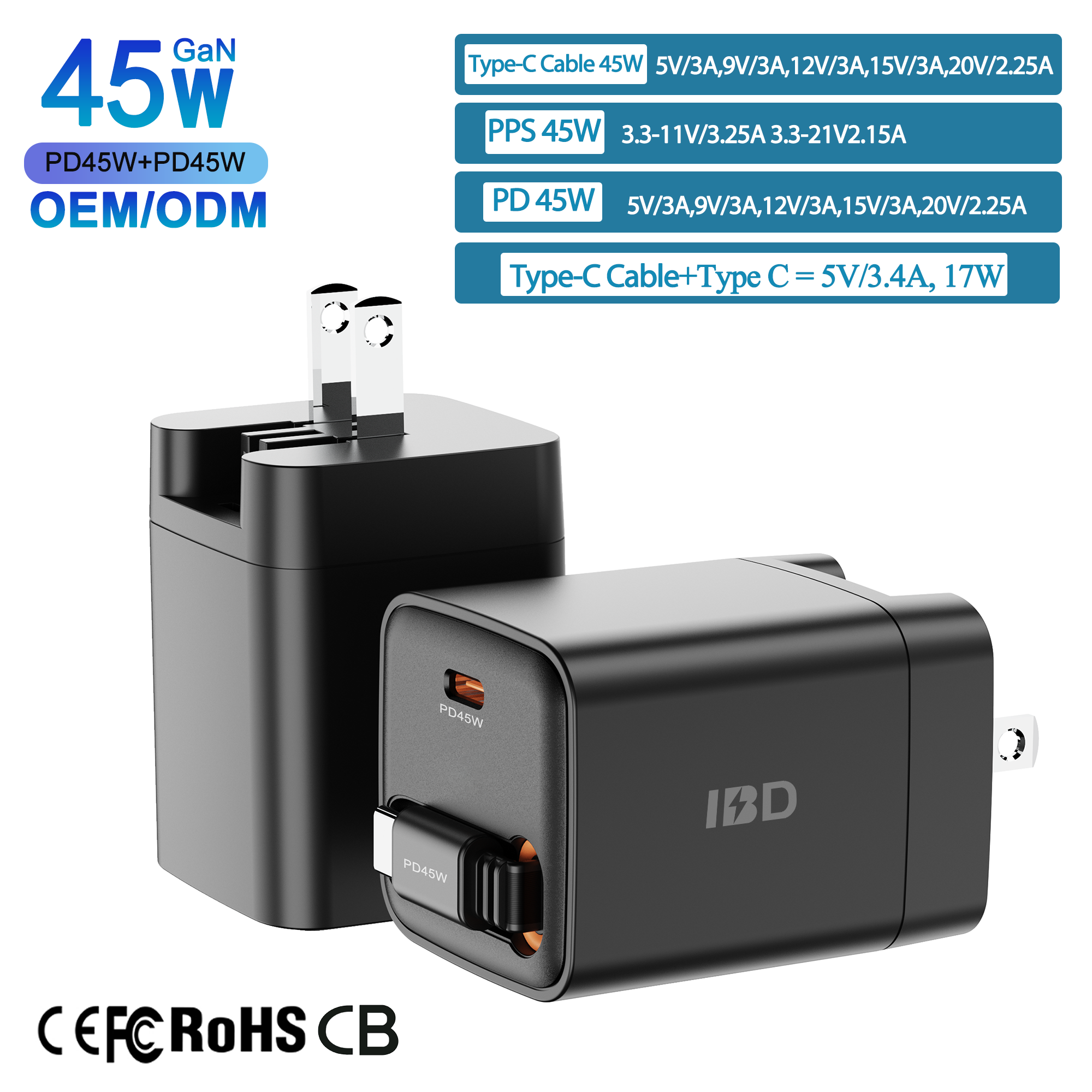 Black 2C 45W US Foldable Plug Fast Retractable Charger