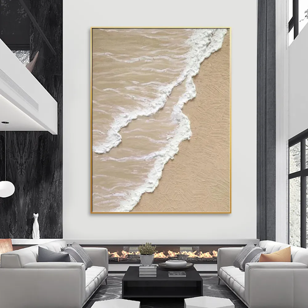 Pintura al óleo a mano Beige playa textura pintura blanco océano olas Impasto arte Mural moderno minimalista decoración de la pared del hogar