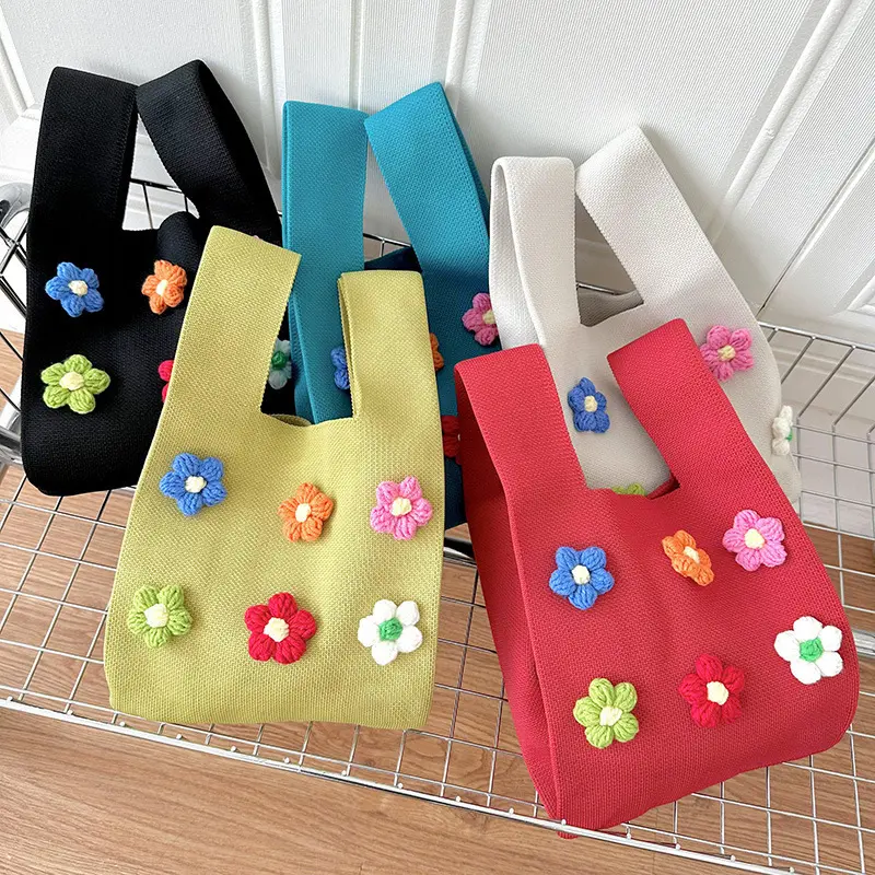 Nuevo diseño, bolso de mano pequeño para mujer, bolso de punto con nudo, bolso de mano bonito con flores de ganchillo para mujer