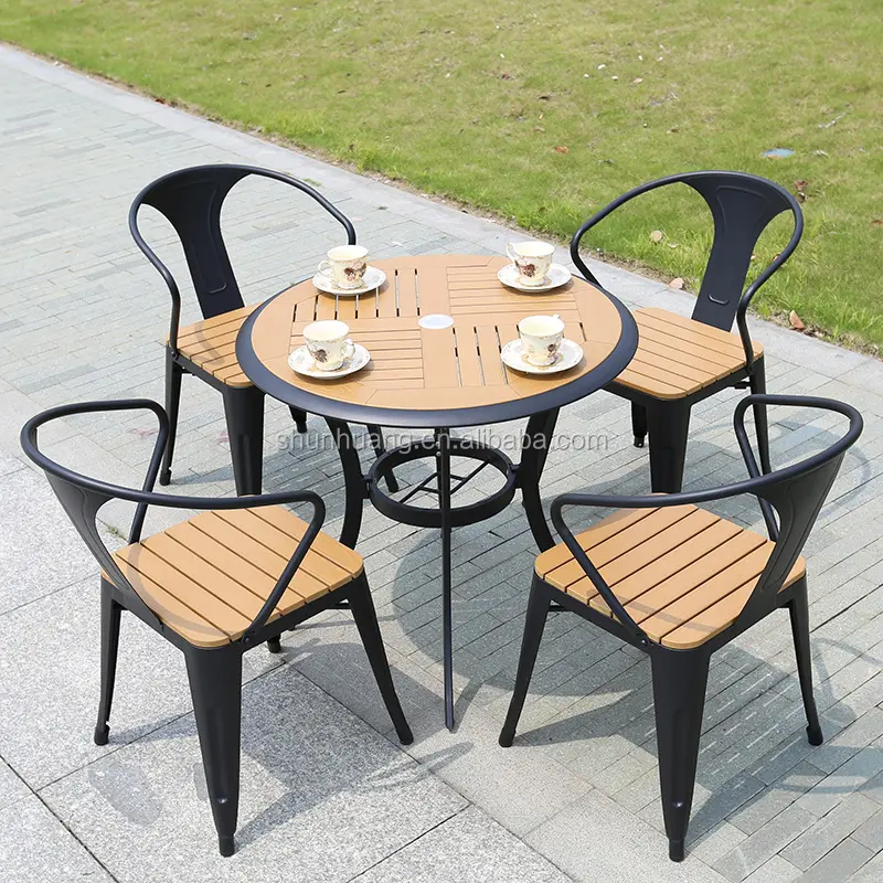 Al aire libre muebles de jardín de madera de plástico juego de comedor de mesa de café y silla