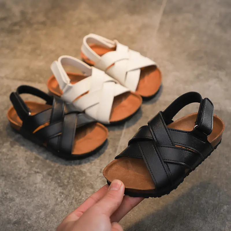 Sandalias de playa de verano para niños, zapatos transpirables de fondo suave, zapatos casuales con punta abierta, Sandalias planas para niños y niñas en blanco y negro