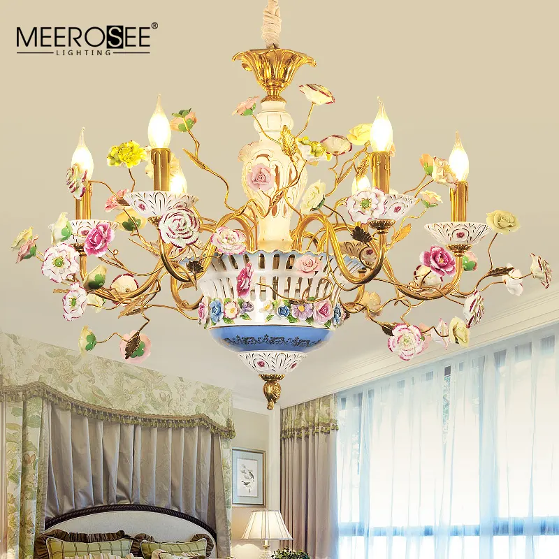 Meerosee Copper Chandeliers with Multicolor Ceramic Flower Murano Chandelier Garden Lamp Ceiling Lamp Natural Light TD-1012