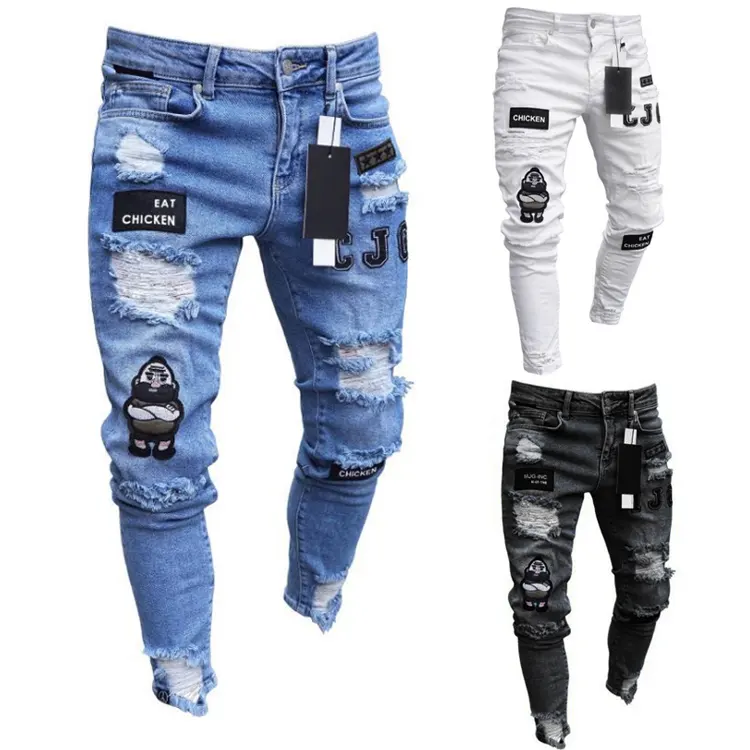 New Italy Style Men's Badge Pants with Holes Art Patches Slim Feet Trousers Biker Men Jeans Pants