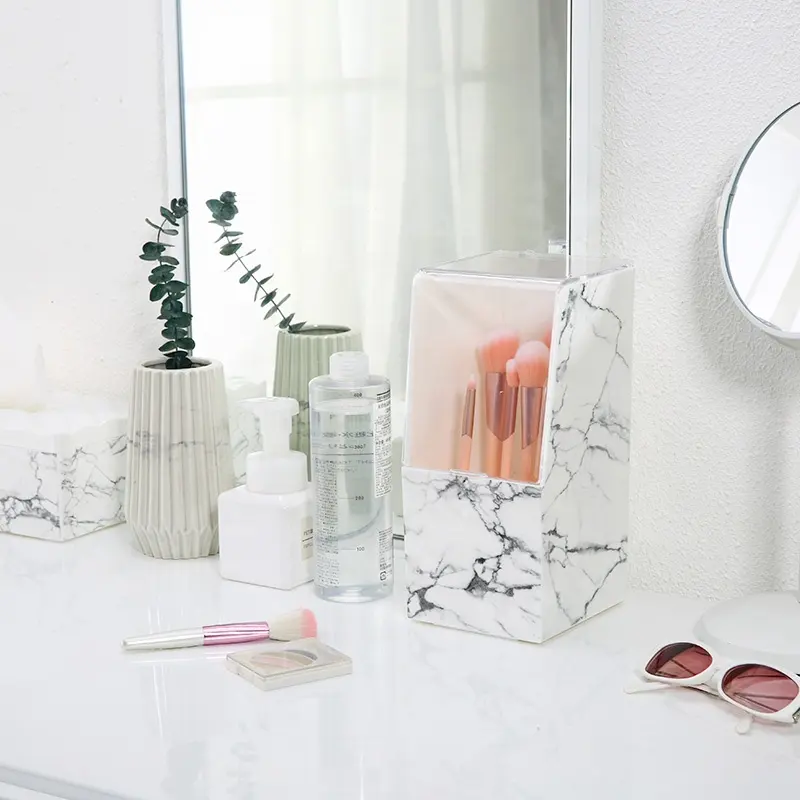 Creative marble reusable acrylic makeup organizer plastics cosmetic makeup case holder for lipstick brushes