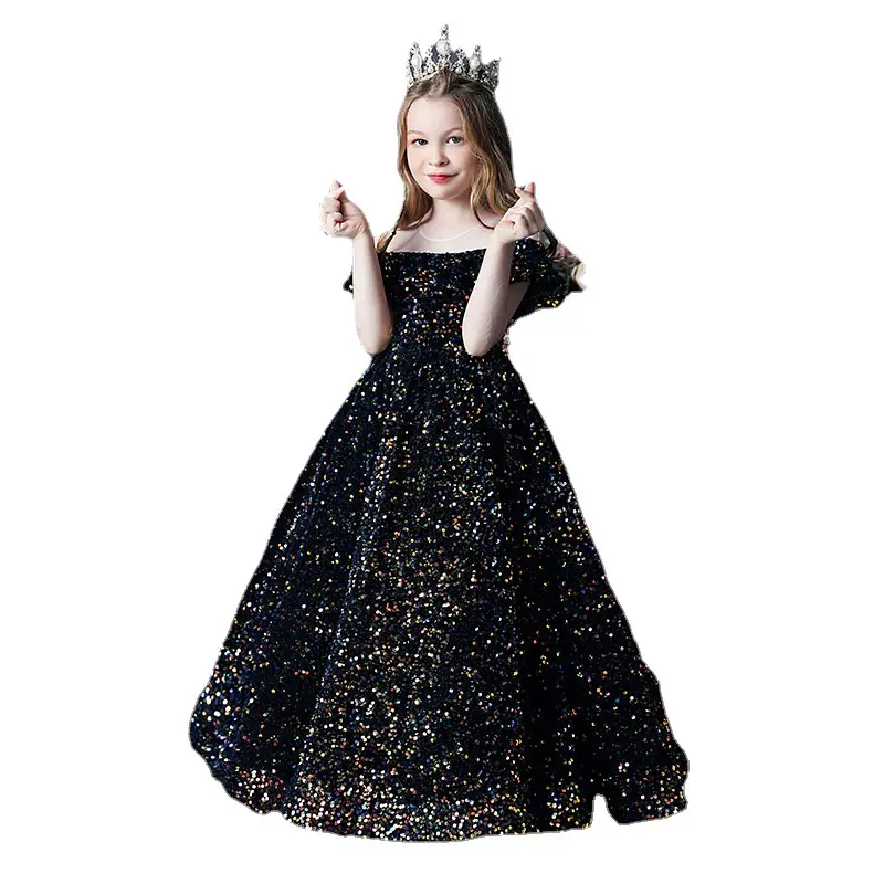 Novo Luxo Brilhante Lantejoulas Crianças Vestido De Festa De Aniversário Meninas Robe Executar Sheen Host Noite Princesa Menina Vestido