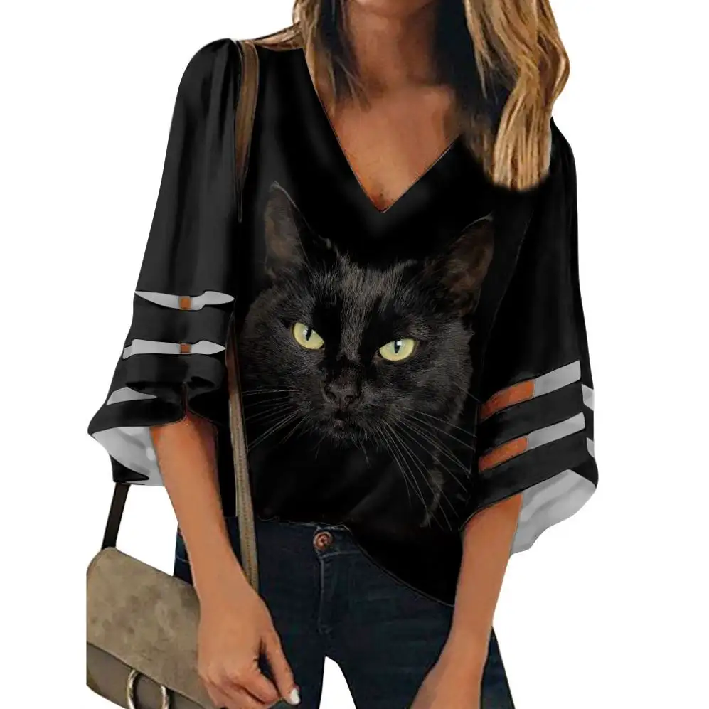 Blusas femininas estampadas com decote em v, moda feminina, estampa de gato, preto, personalizada, com decote em v, de chiffon