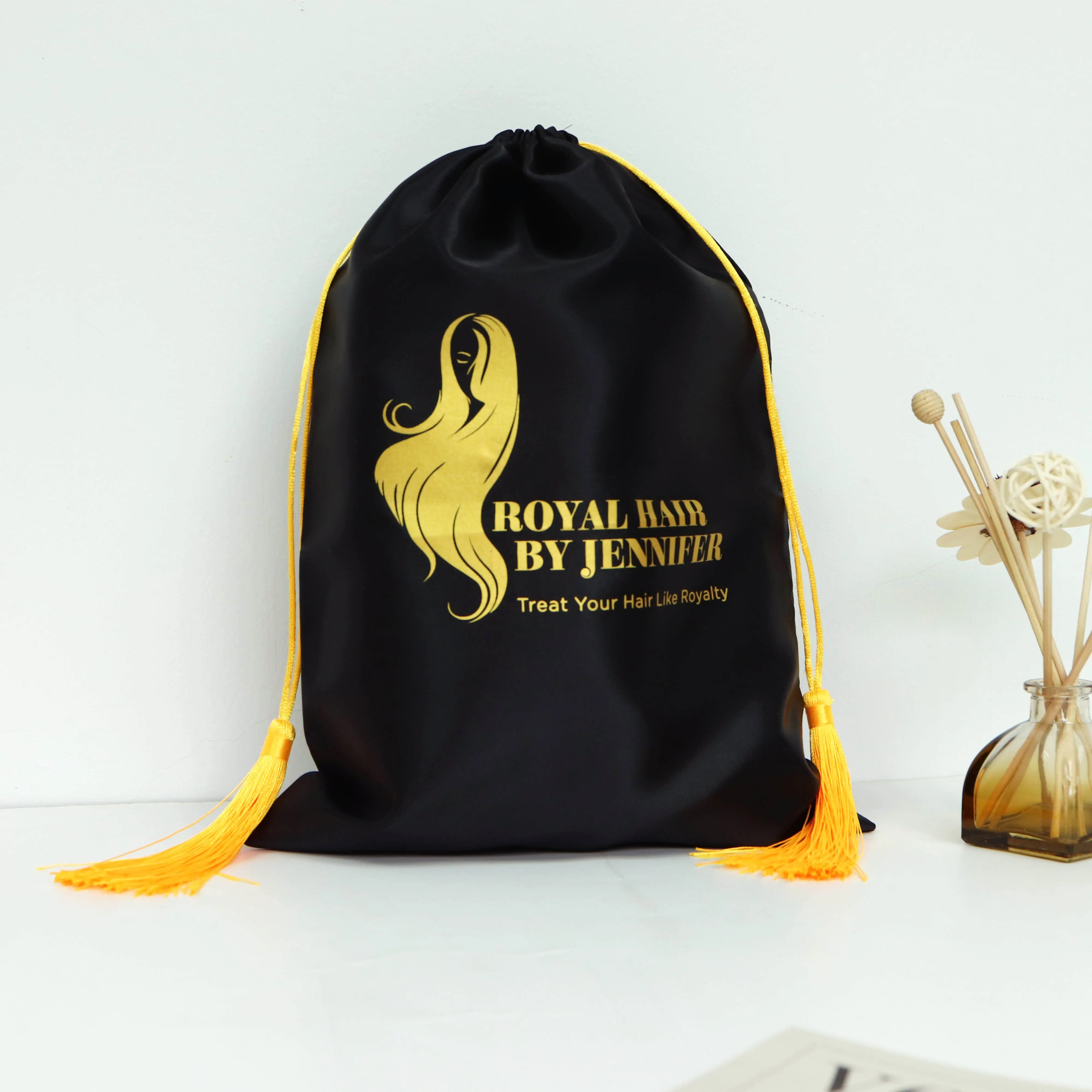 Bolsas de extensión de pelo personalizadas de seda satinada negra, paquete de pelo de lujo, bolsas de satén con cordón, para pelucas con logotipo
