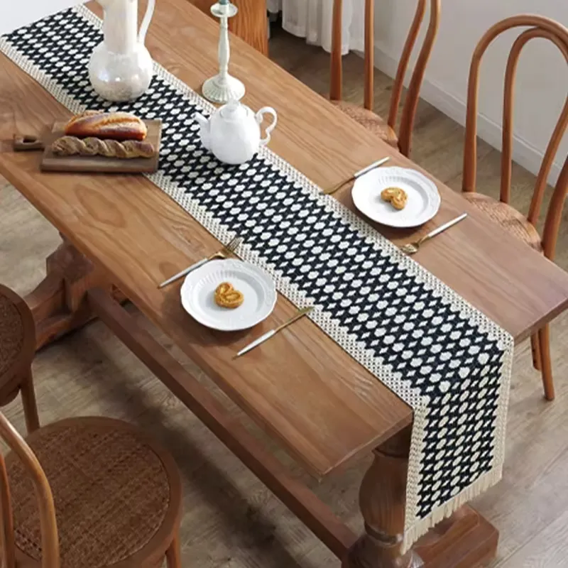 Commercio all'ingrosso bandiere da tavolo in cotone e lino intrecciato semplice nappa decorazione tovaglia rettangolare