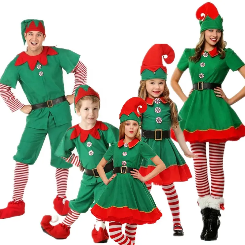 पारिवारिक क्रिसमस थैंक्सगिविंग डे पोशाक बच्चों की क्रिसमस एल्फ पोशाक कॉस्प्ले माता-पिता-बच्चे महोत्सव वयस्क पुरुष और महिलाएं
