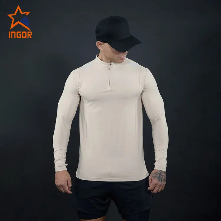 Ingor – vêtements de sport pour hommes, Top de course 1/4 Polyester à fermeture éclair, t-shirt de Gym à séchage rapide