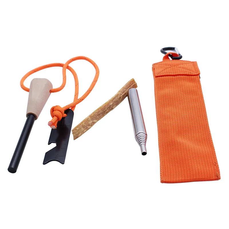 Trousse de Survie de poche Contenir Le Feu Soufflet Manche En Bois Feu De Silex Starter avec Fatwood