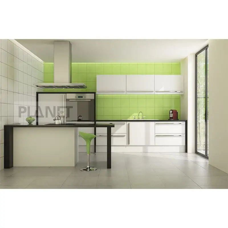 Kitchenette todo en uno gabinetes de cocina modulares color verde azulado puertas de gabinete de cocina de vidrio templado de aluminio