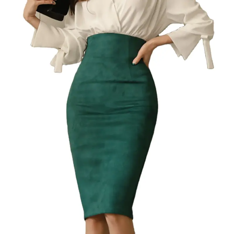De moda lápiz verde faldas de cintura alta faldas de ropa de wrapa falda de señora de la Oficina
