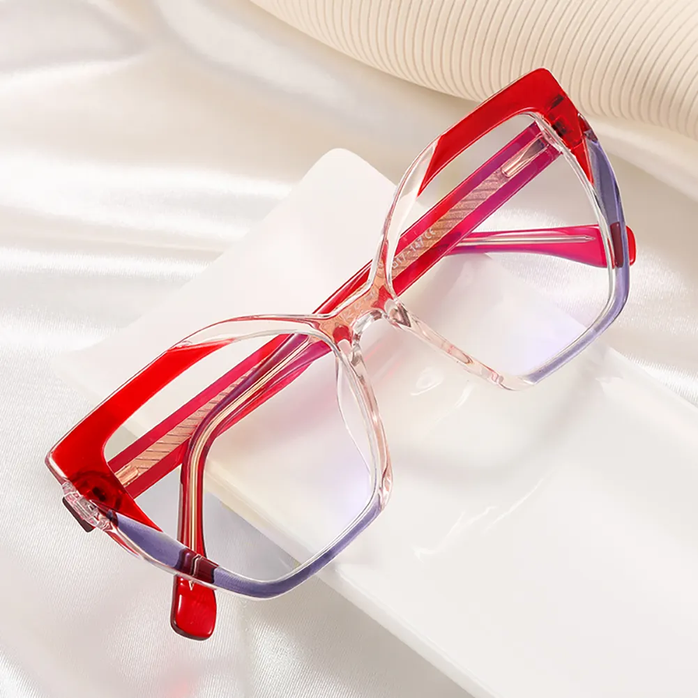 Kacamata Mata Kucing Anti Cahaya Biru TR90 Poligon Wanita Engsel Musim Semi Bingkai Kacamata Optik Hitam Ungu Merah