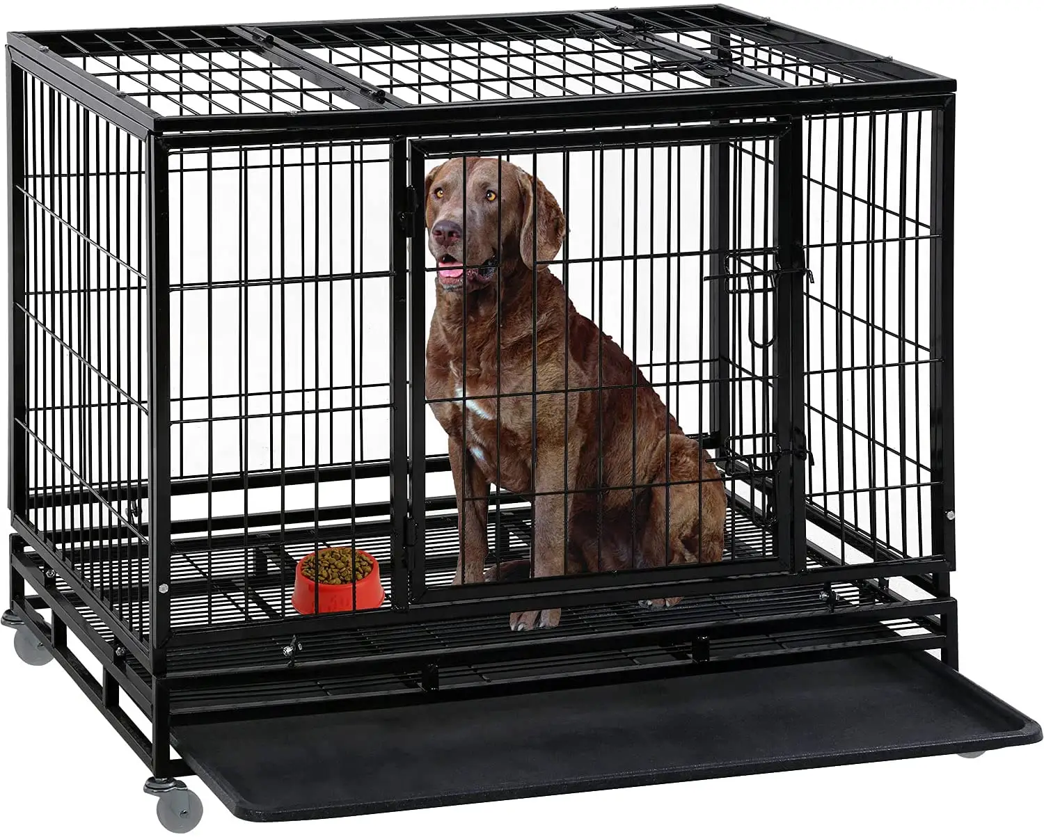 Chất Lượng Cao Durable Ráp Thép Đen Kim Loại Sắt Crate Ngoài Trời Nhỏ Trung Lớn Folding Pet Dog Cage Với Bánh Xe
