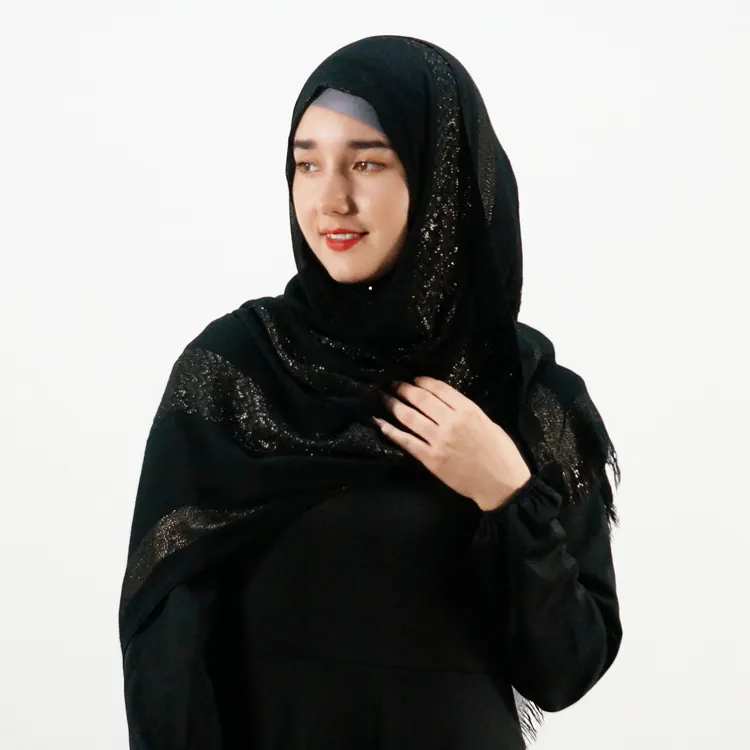 Moda étnica brillo rayas doradas viscosa hijab musulmán Jersey bufandas tejer algodón bufanda borla envolturas para Mujeres Musulmanas