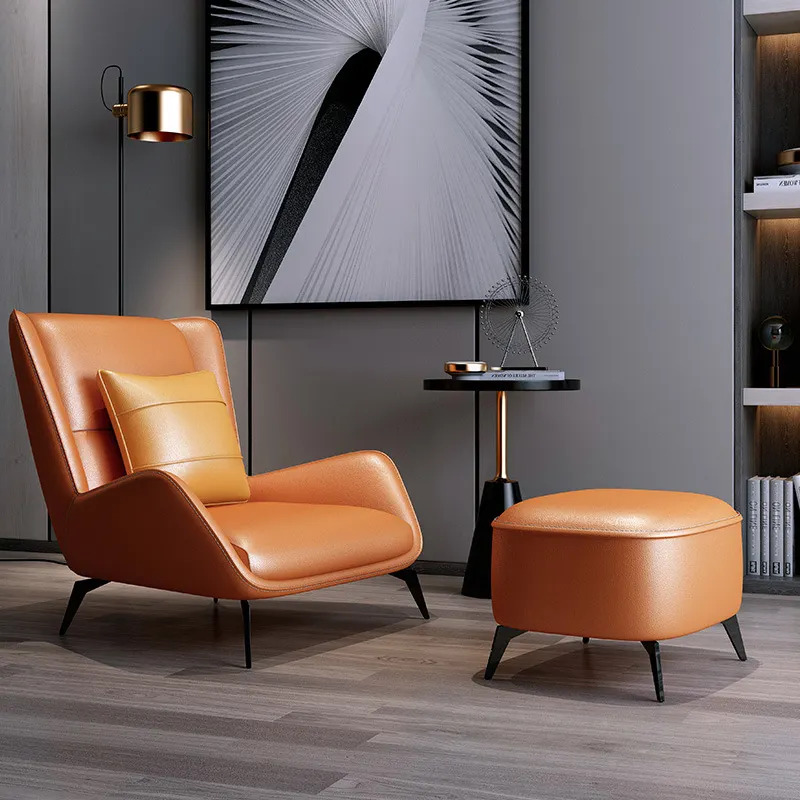 Sillón de cuero de estilo italiano para Hotel, sillón de salón otomano de un solo asiento con pies, para sala de estar