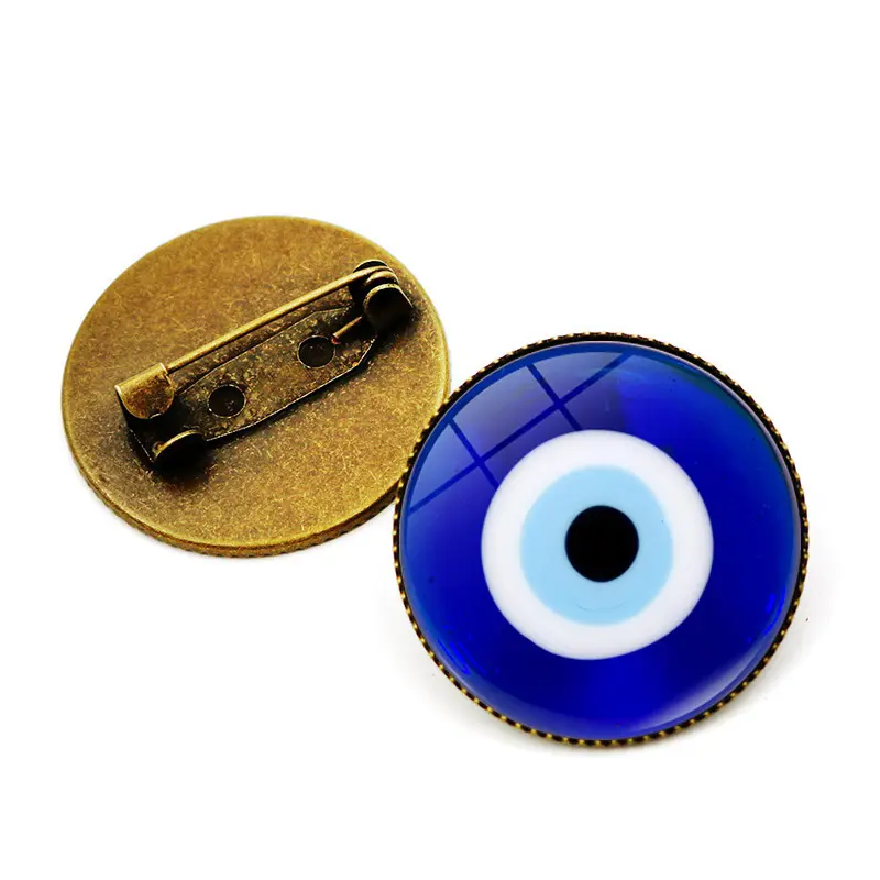 बुरी आंख नीली बेडेड पिन-टर्किश बुरी आंख w/ग्लास गुंबद धातु ब्रोच बैज लैपल पिन बटन-2.5 सेमी