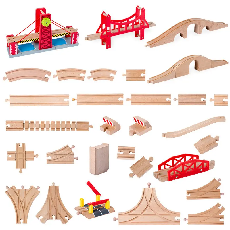 Mainan anak laki-laki, aksesoris jalur situs kereta api Beech toma jembatan dan kereta api kayu pendidikan anak laki-laki