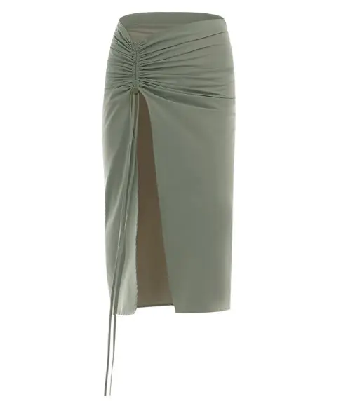 Moda de cintura alta cordón fruncido hendidura Slim Fit versátil falda modelo falda Casual para mujeres