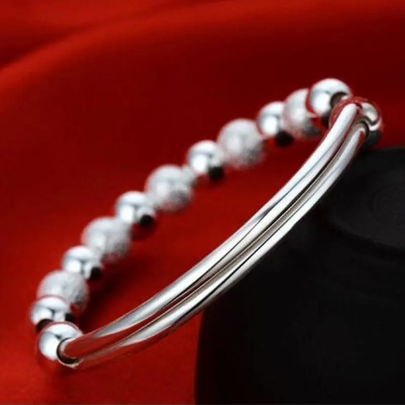 Joyería Fina coreana para mujer, brazaletes con cuentas, pulsera ajustable chapada en plata