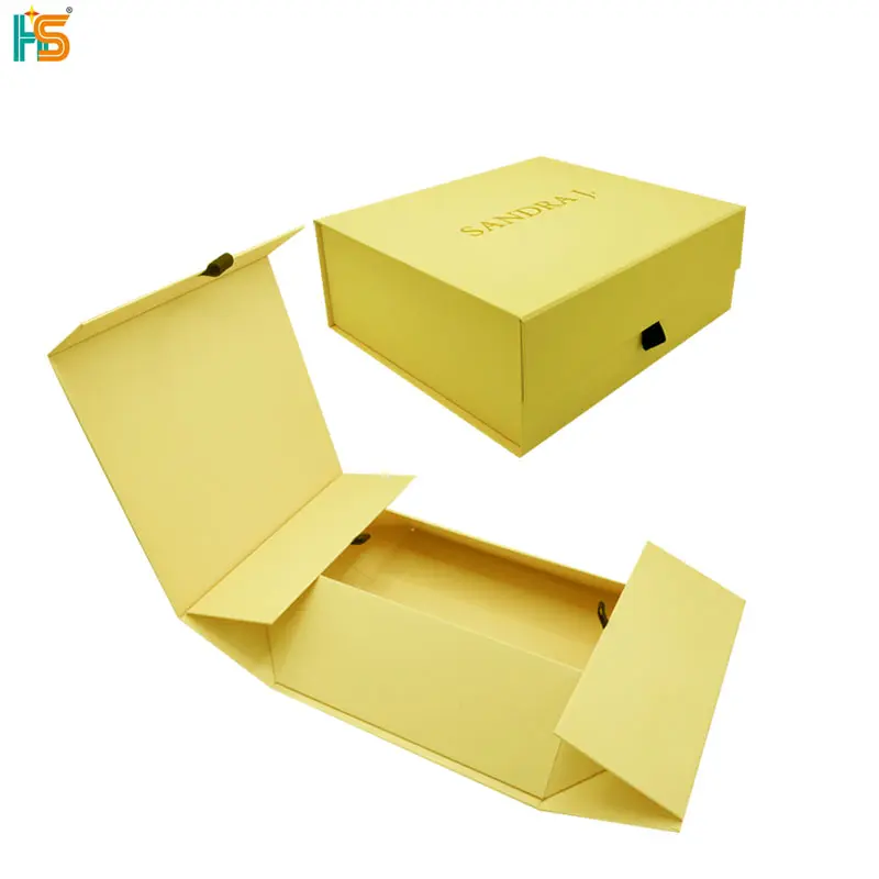 कस्टम लोगो खाली तह उपहार पेपर कठोर बॉक्स पीला कार्डबोर्ड पोशाक पैंट जैकेट के लिए चुंबकीय फ्लैट गुना पैकेजिंग बॉक्स