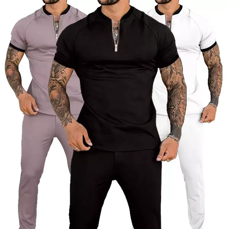 New Autumn Two Piece Sets Solid Color Casual Tracksuits for Men Short Sleeve Slim Fit Zipper Lapel Polos T-shirt Sports Pant Set
