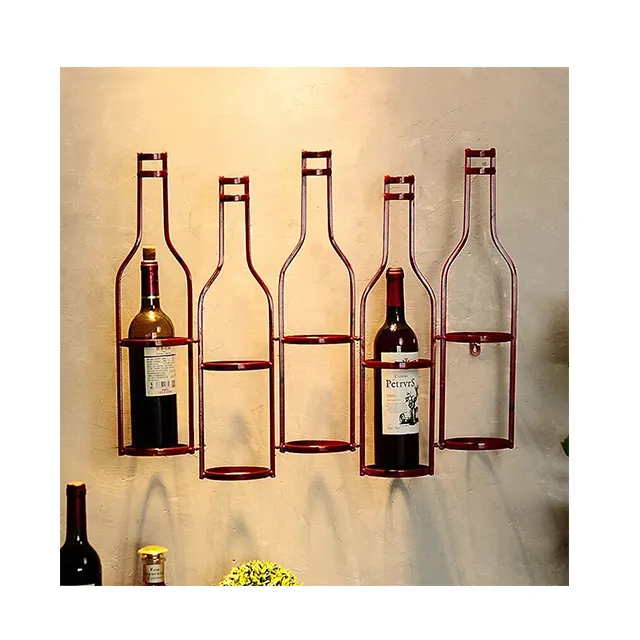 Wholesale Retro metal colorful 5 Bottle Wall hanging Wine Rack Metal Hanging Wine Storage Rack