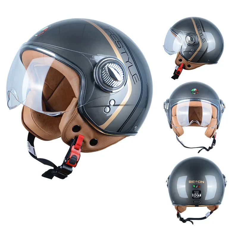 BEON Retro Casque moto électrique Vintage pour Harley vespas Casque chapeau hommes femmes Scooter visage ouvert Vintage casquette d'été