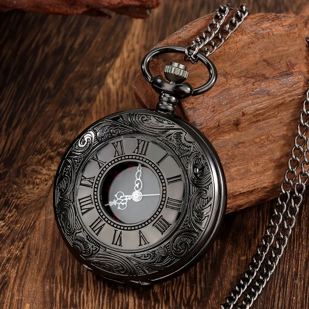 COLLAR COLGANTE de cuarzo con números romanos y cadena, reloj de pulsera Steampunk, negro, de bolsillo, Vintage, regalo