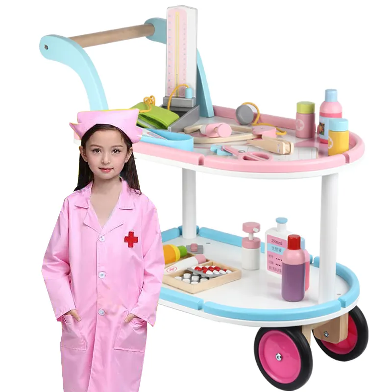 Estilo quente colorido médico enfermeiro médico carrinho de madeira equipamentos hospitalares educacionais brinquedo fingir play set brinquedos para meninas e meninos