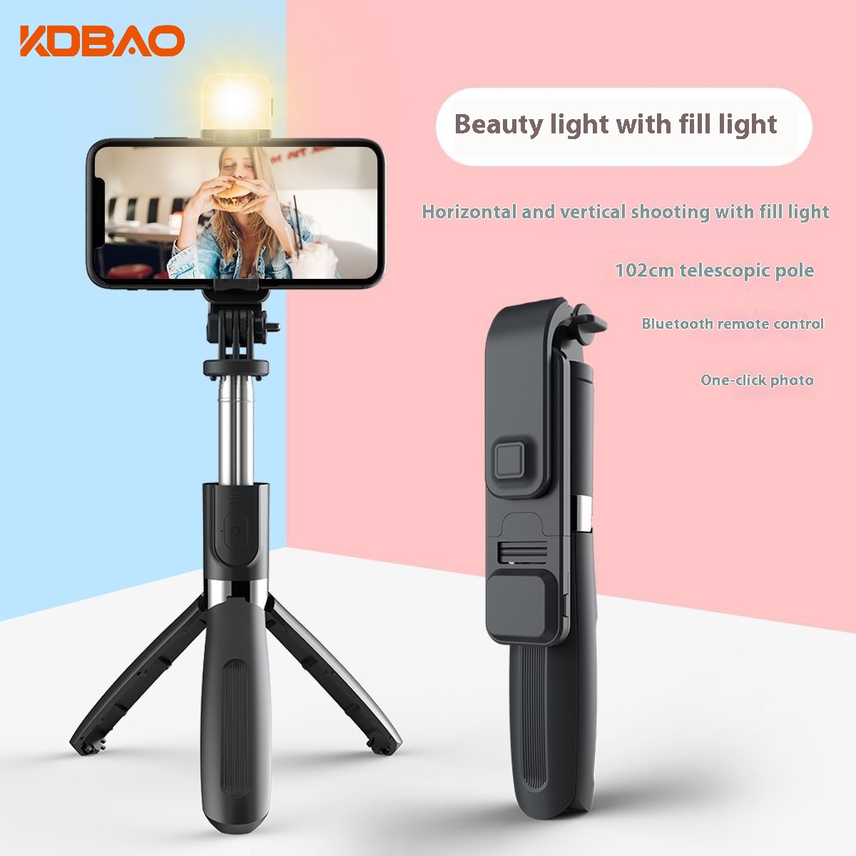 (Noir) Bâton à selfie Bluetooth 1M + Lampe d'appoint