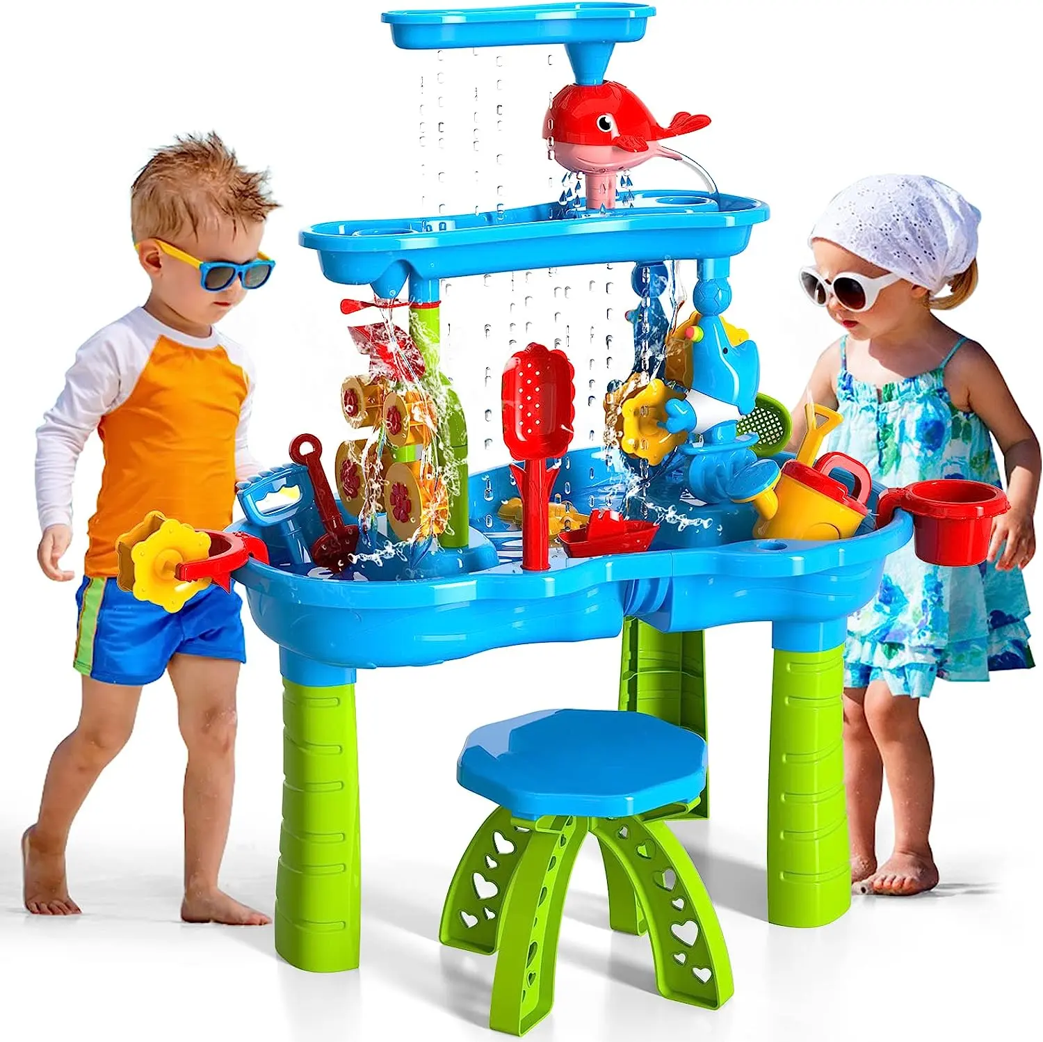 Sand Water Table Toys giocattolo da spiaggia giocattoli estivi tavolo da gioco per sabbia e acqua all'aperto a 3 livelli per bambini piccoli per cortile esterno