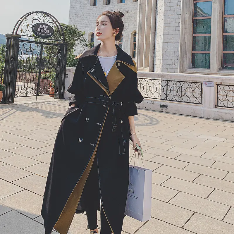 New Fashion Women Trench Coat Black Double-breasted with Belt Long Duster Coat for Lady Spring Autumn Female Outerwear 1 Piece