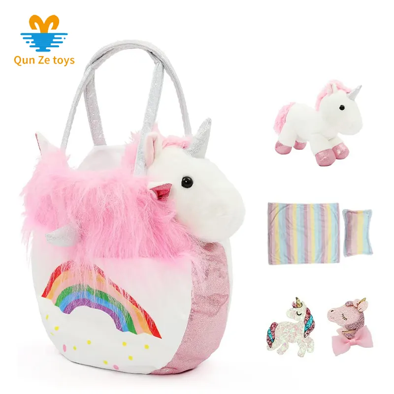 Bonito Peluche de unicornio con bolsa de transporte de arcoíris para bebés y niñas, Almohada, manta, animales