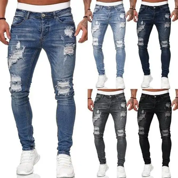Pantalon long crayon lavé à la mode de créateurs pantalons extensibles noirs jeans slim en denim déchiré pour hommes vente en gros en usine