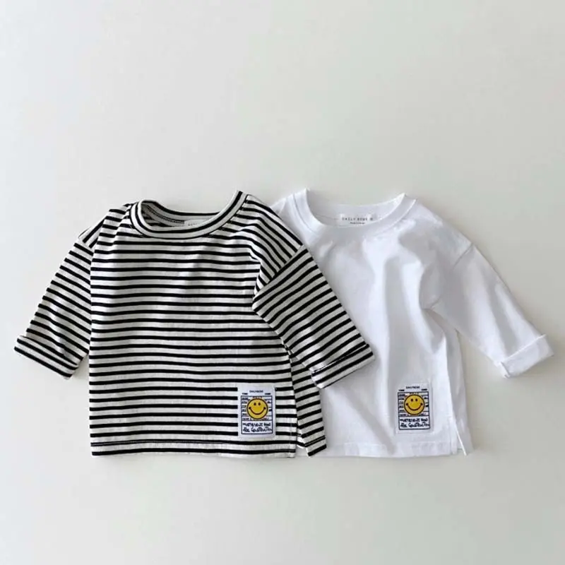 Camiseta de manga longa para crianças, blusa simples com listras para bebês meninas